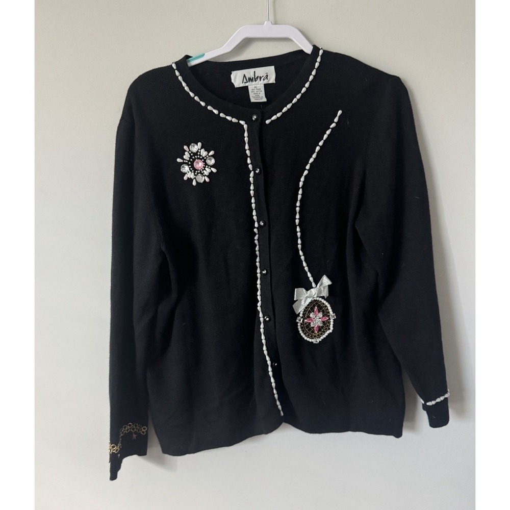 Ambra Cardigan Sweater Womens Black Large Petite Ornament Pearls‎ Gems Christmas